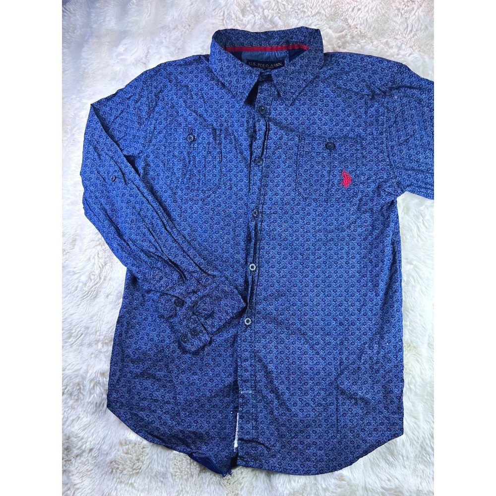 U.S. Polo Assn. Mens XL Blue Geometric Long Sleeve Button Up Shirt Pockets. A27